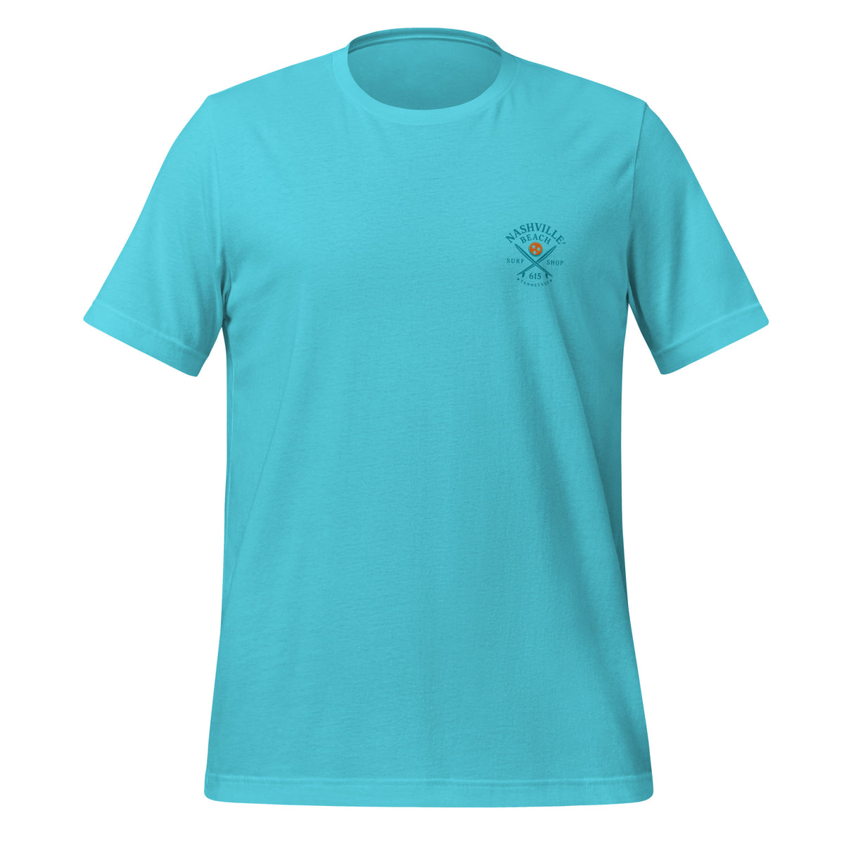 Board Meeting cowboy surfers graphic on turquoise men's t-shirt - front view