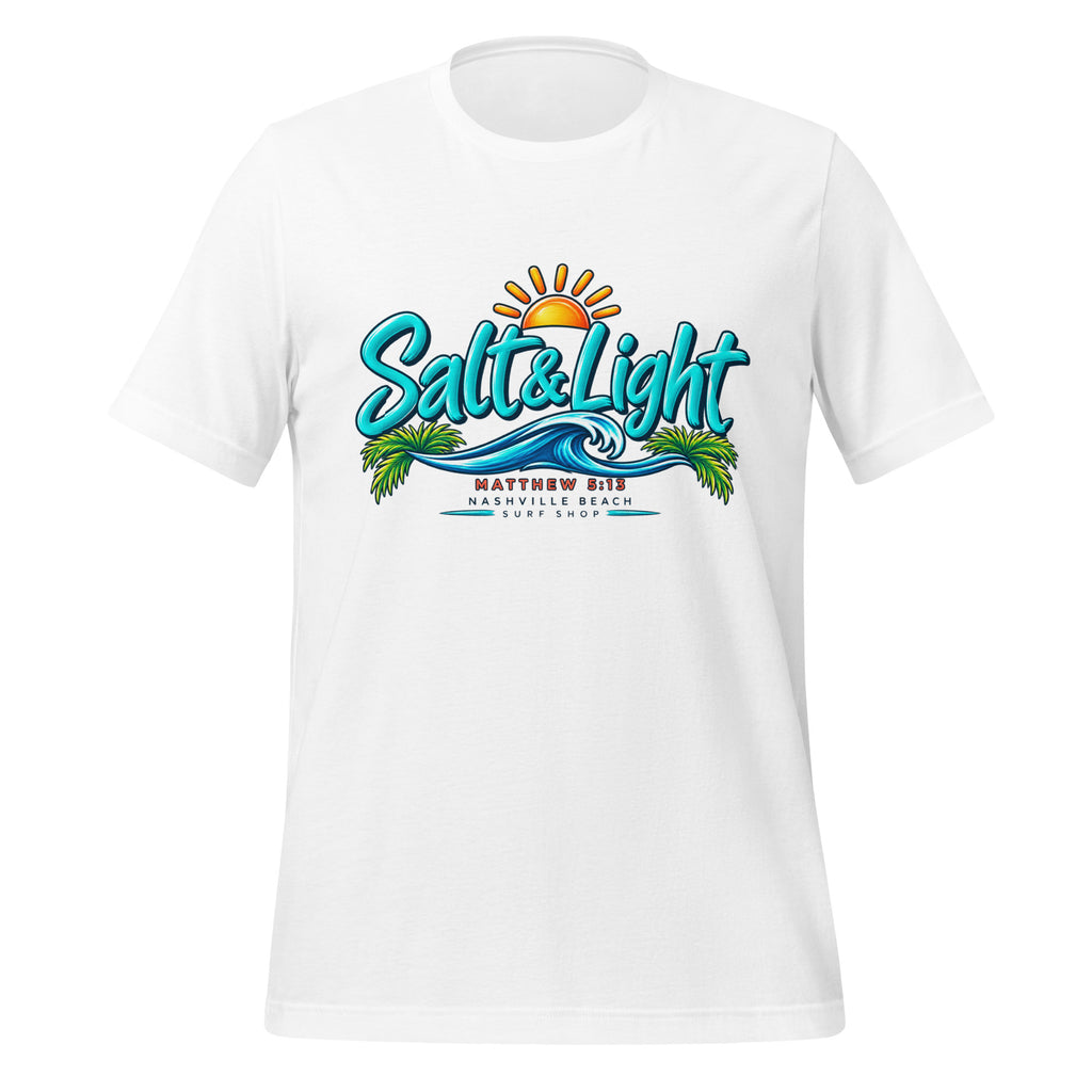 Salt and Light faith script graphic on white men's t-shirt - front view