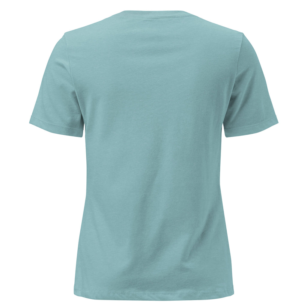 Be Still Psalm 46:10 script graphic on heather women's relaxed t-shirt - back view