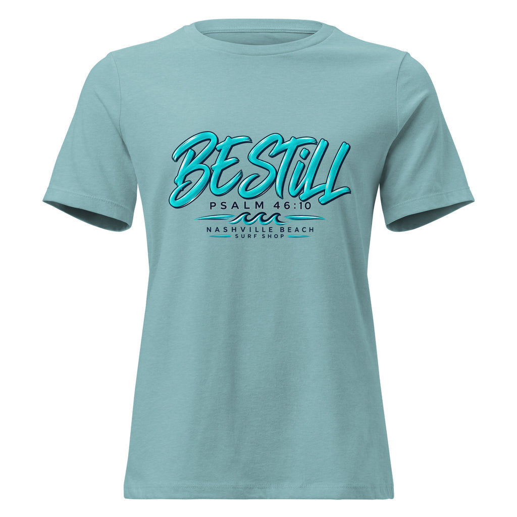 Be Still Psalm 46:10 script graphic on heather women's relaxed t-shirt - front view