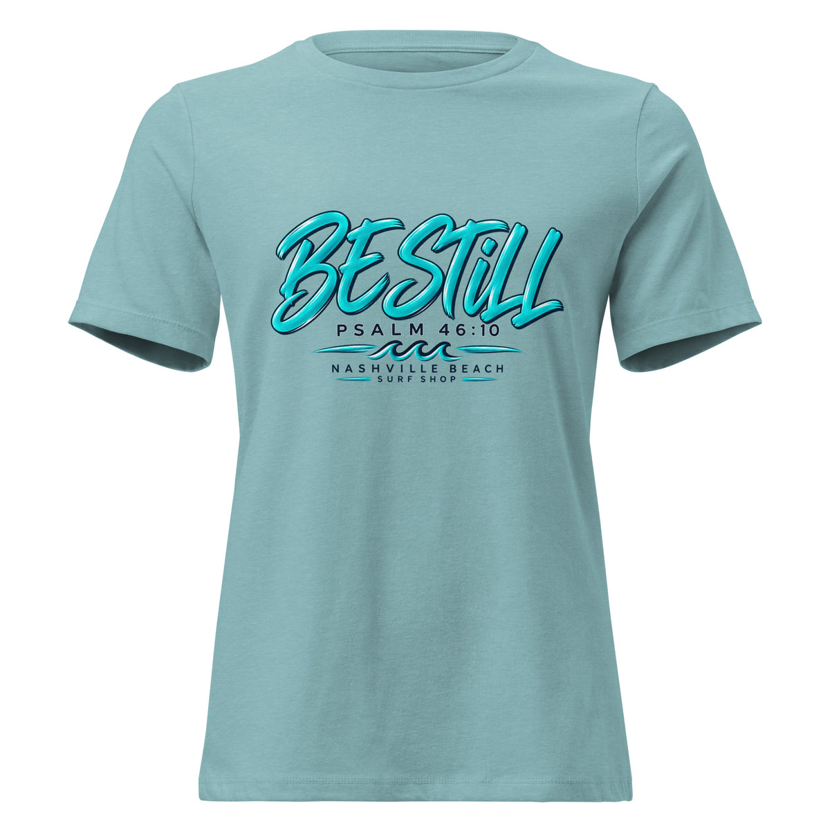 Be Still Psalm 46:10 script graphic on heather women's relaxed t-shirt - front view