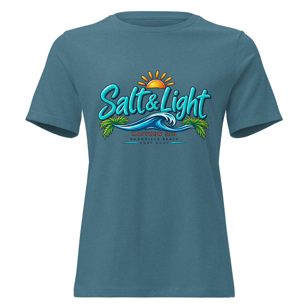 Salt and Light faith script graphic on heather women's relaxed t-shirt - front view