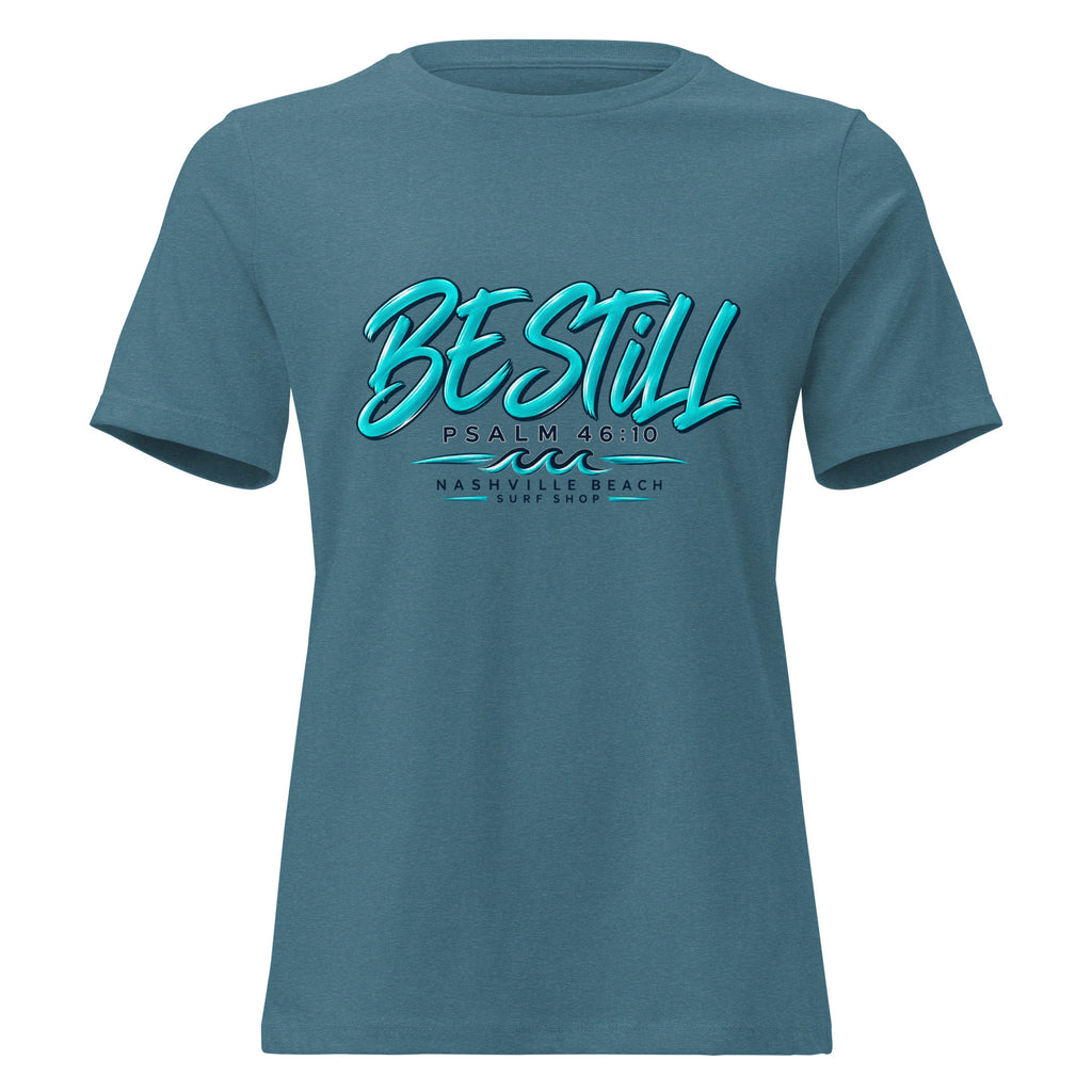 Be Still Psalm 46:10 script graphic on heather women's relaxed t-shirt - front view