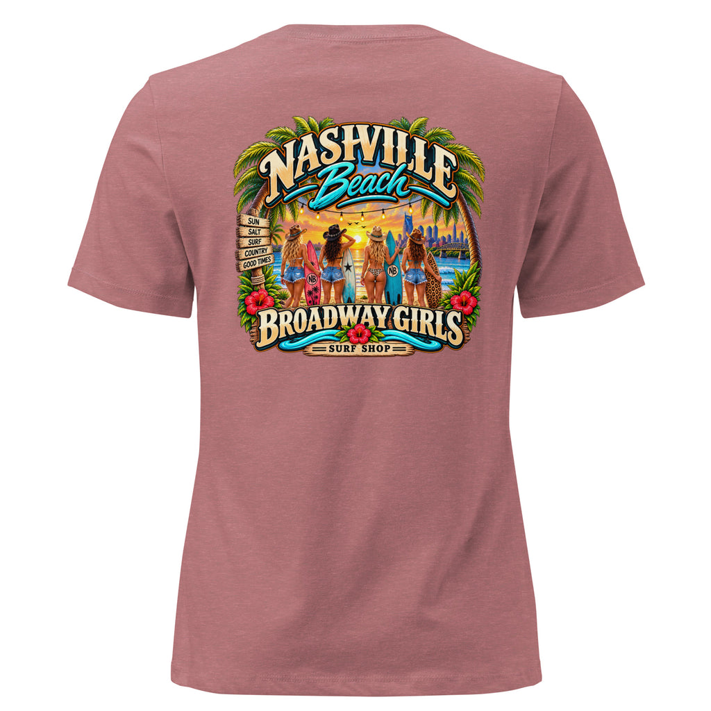 Broadway Girls cowgirl surfers graphic on heather women's relaxed t-shirt - back view