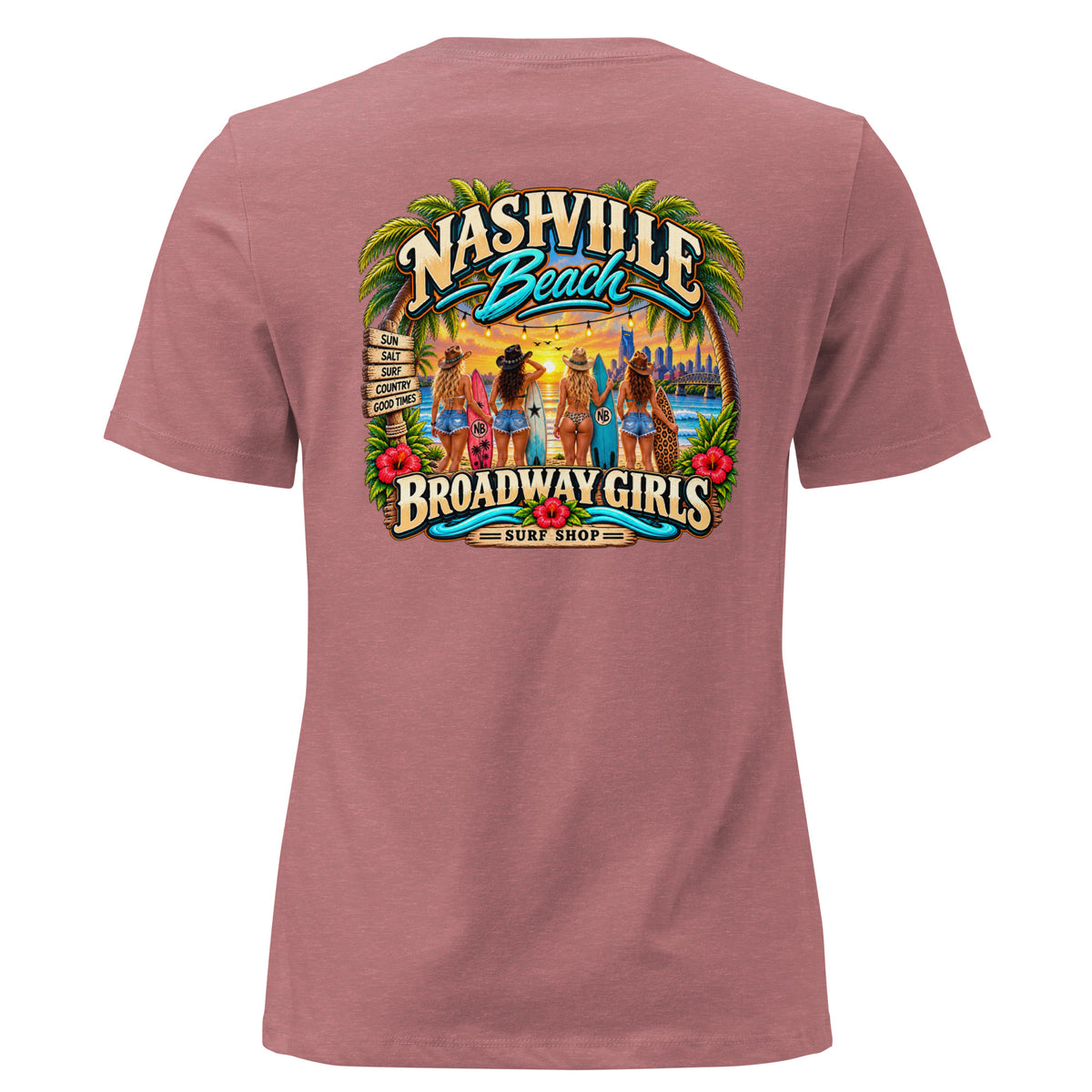 Broadway Girls cowgirl surfers graphic on heather women's relaxed t-shirt - back view