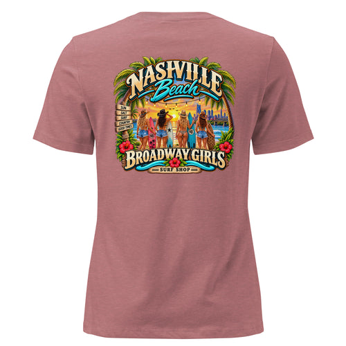 Broadway Girls cowgirl surfers graphic on heather women's relaxed t-shirt - back view
