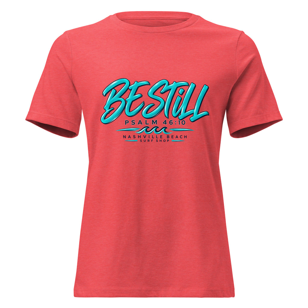 Be Still Psalm 46:10 script graphic on heather women's relaxed t-shirt - front view