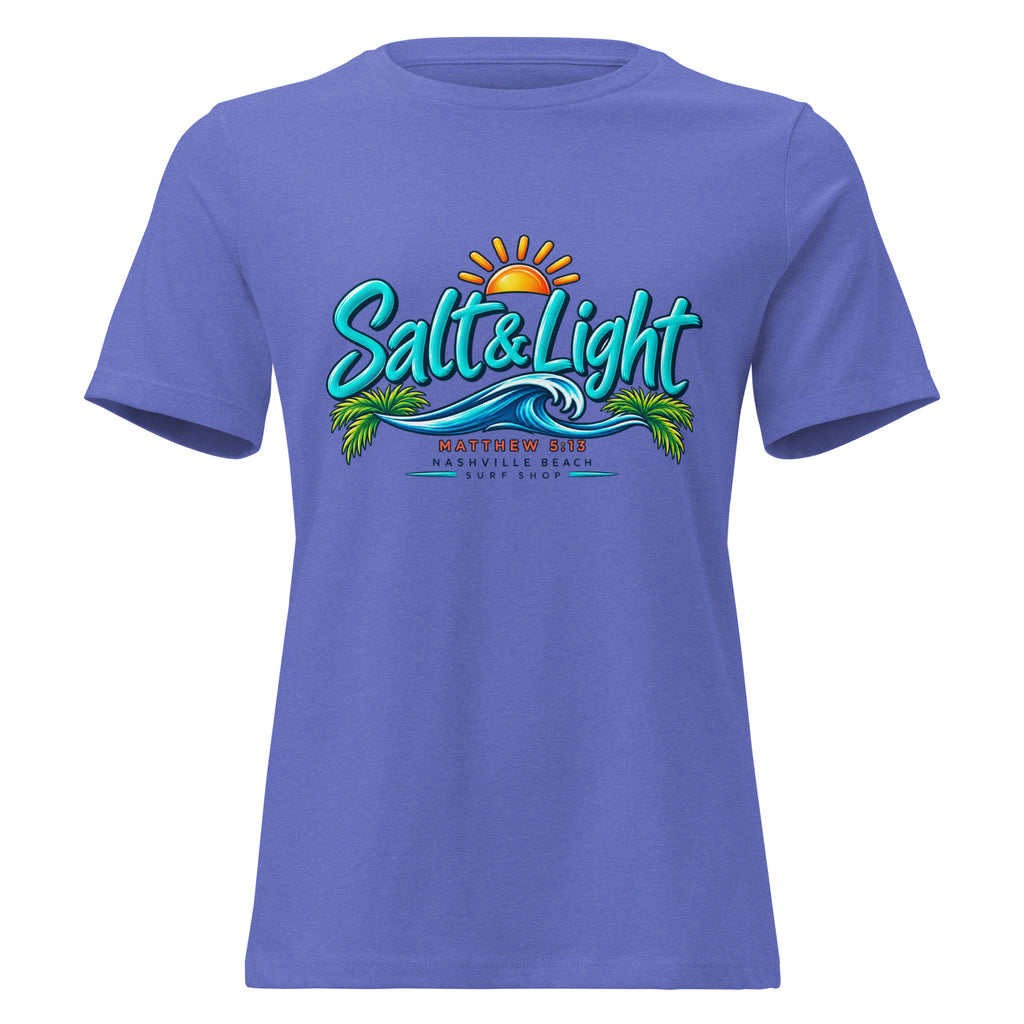 Salt and Light faith script graphic on heather women's relaxed t-shirt - front view