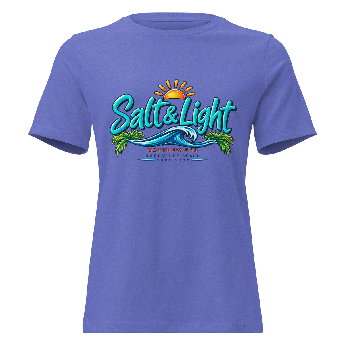 Salt and Light faith script graphic on heather women's relaxed t-shirt - front view