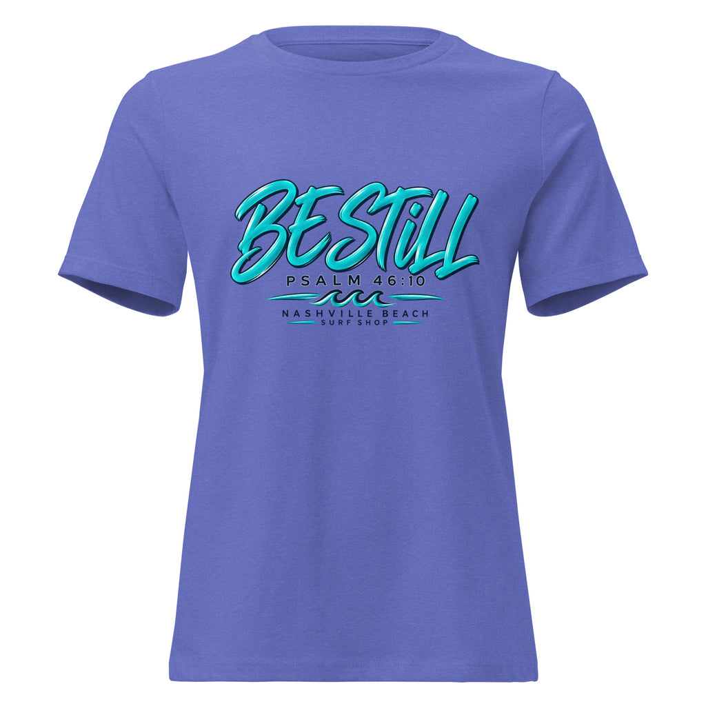 Be Still Psalm 46:10 script graphic on heather women's relaxed t-shirt - front view