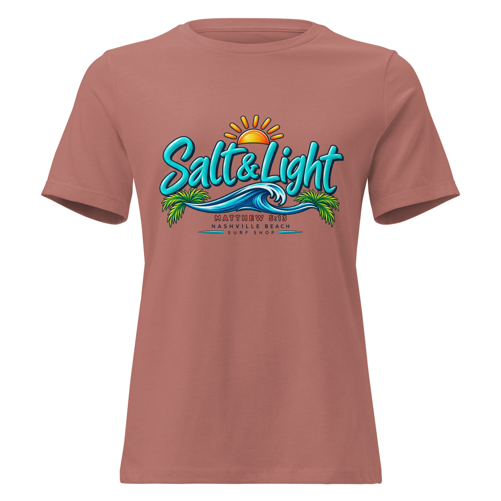 Salt and Light faith script graphic on mauve women's relaxed t-shirt - front view
