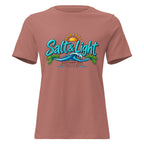 Salt and Light faith script graphic on mauve women's relaxed t-shirt - front view