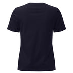 Salt and Light faith script graphic on navy women's relaxed t-shirt - back view
