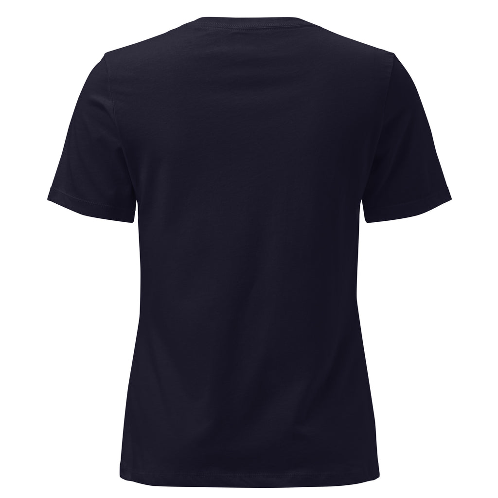 Be Still Psalm 46:10 script graphic on navy women's relaxed t-shirt - back view