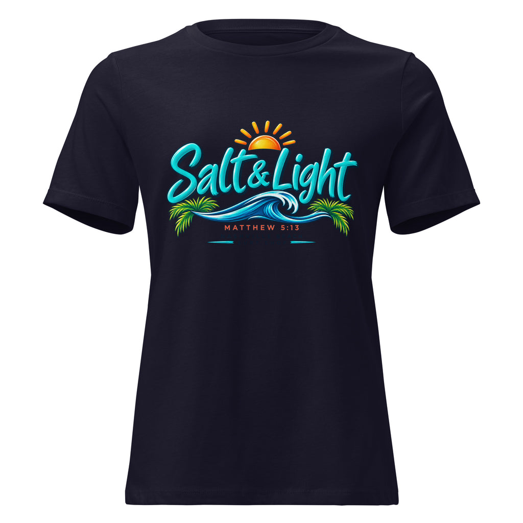 Salt and Light faith script graphic on navy women's relaxed t-shirt - front view