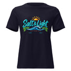 Salt and Light faith script graphic on navy women's relaxed t-shirt - front view