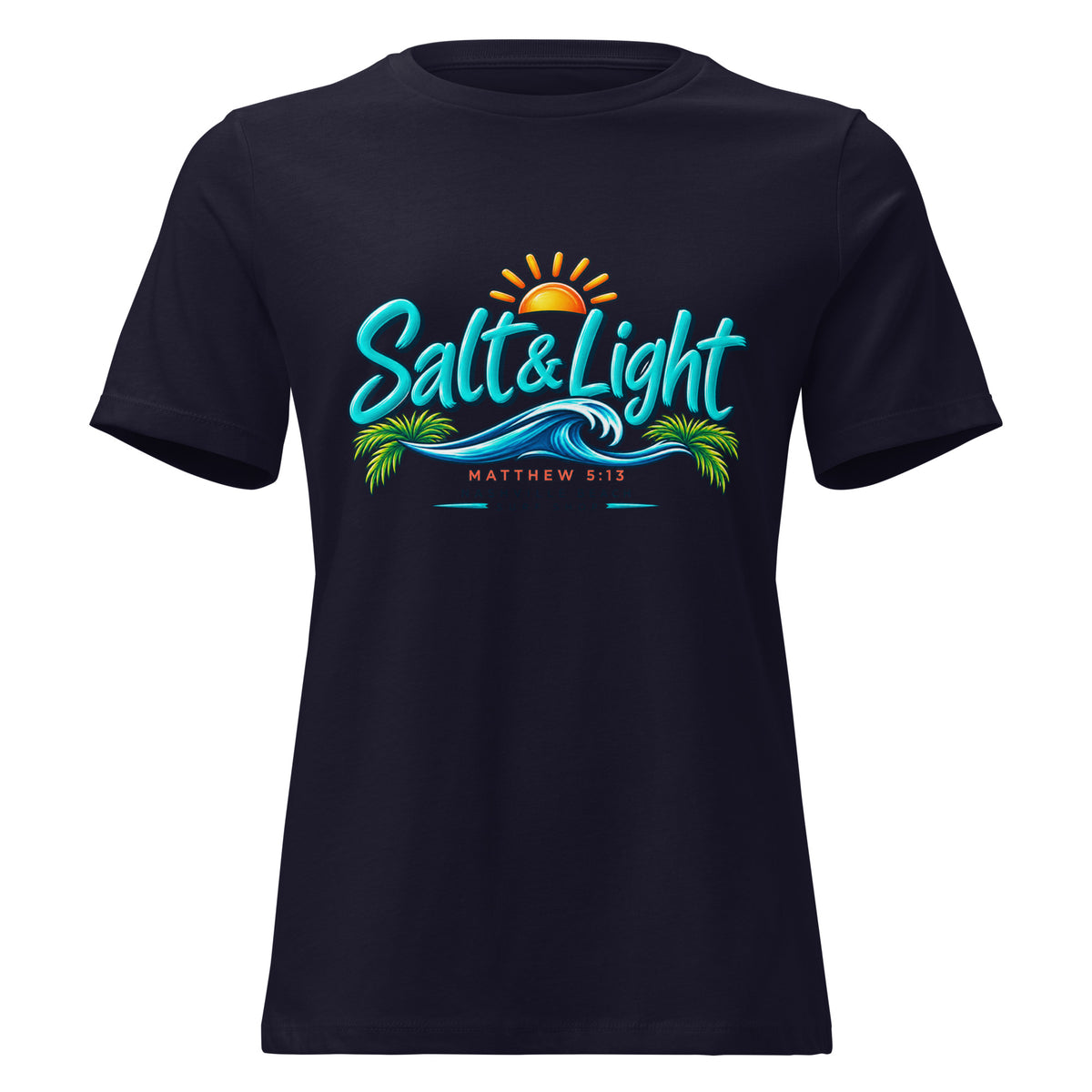 Salt and Light faith script graphic on navy women's relaxed t-shirt - front view