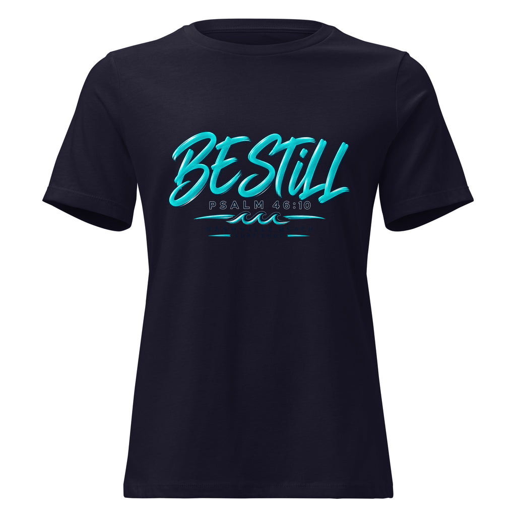 Be Still Psalm 46:10 script graphic on navy women's relaxed t-shirt - front view
