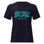 Be Still Psalm 46:10 script graphic on navy women's relaxed t-shirt - front view