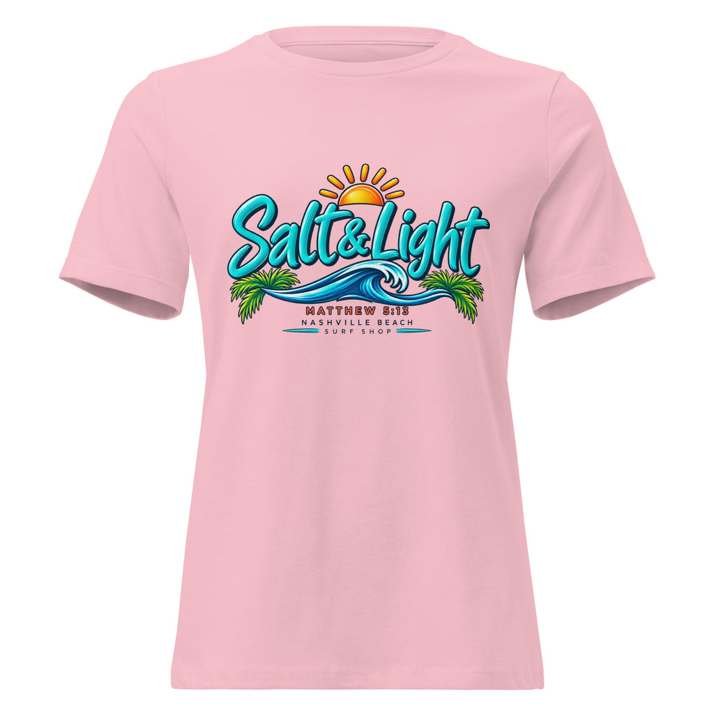 Salt and Light faith script graphic on pink women's relaxed t-shirt - front view