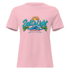 Salt and Light faith script graphic on pink women's relaxed t-shirt - front view