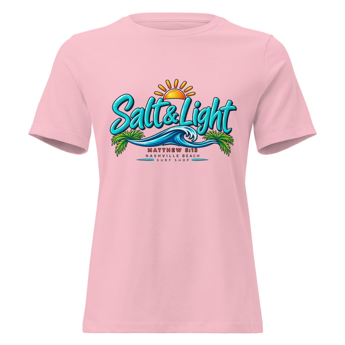 Salt and Light faith script graphic on pink women's relaxed t-shirt - front view